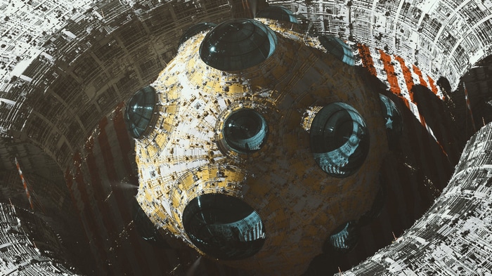 Artwork of a science fiction space station interior