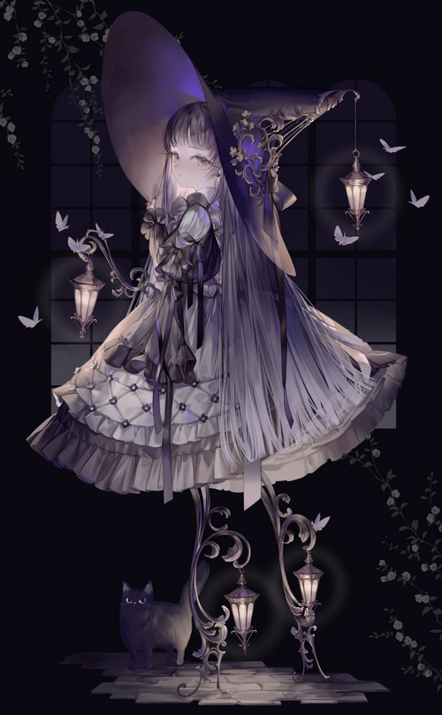 A witch with a cat and butterflies at night