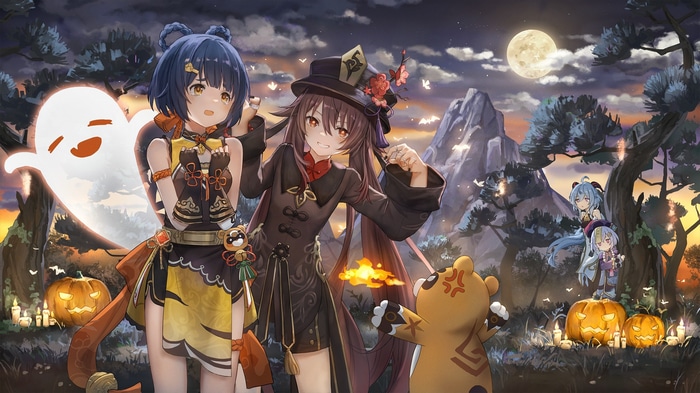 Genshin Impact Halloween Artwork with Xiangling and Hu Tao