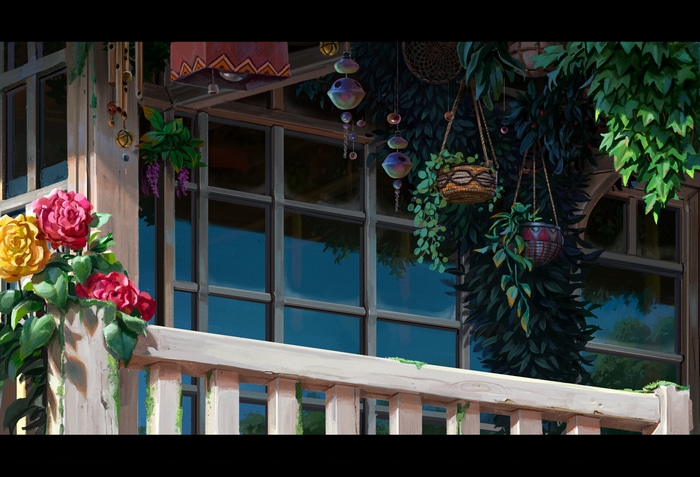 Balcony with flowers, wind chimes, and hanging plants