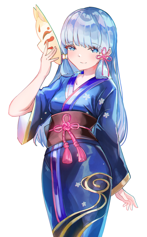 Kamisato Ayaka in a blue kimono holding a mask