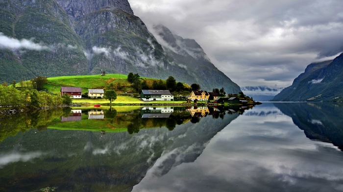 Houses on a green hill by a fjord in Norway