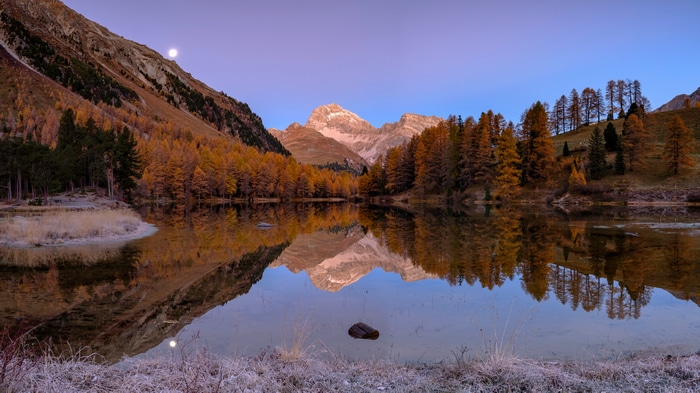 4K Autumn Landscape with Lake and Mountains in Switzerland