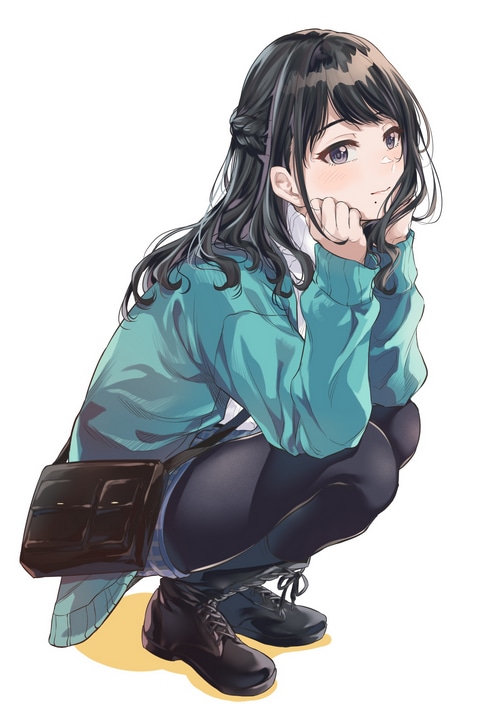 Kazano Hiori squatting with a shoulder bag