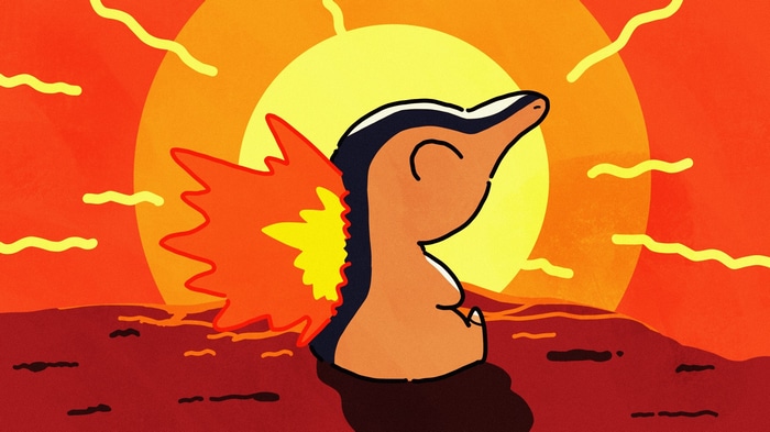 Cyndaquil Pokémon sitting in front of a sunset
