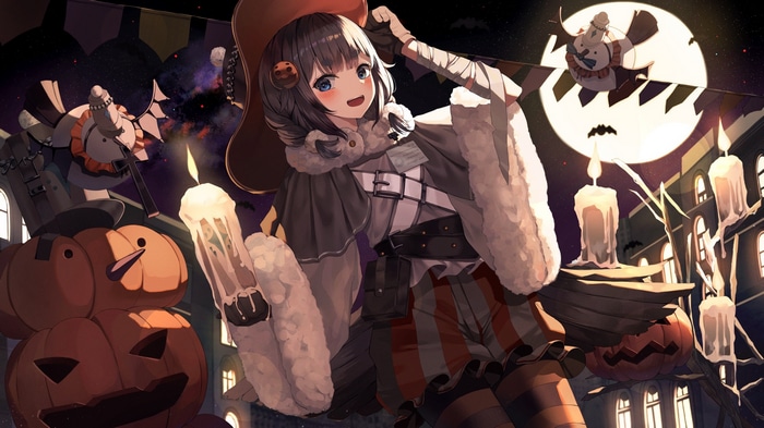 Anime girl in Halloween costume with pumpkins and candles
