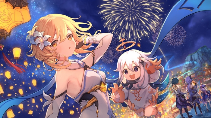 Genshin Impact characters celebrate with fireworks and lanterns