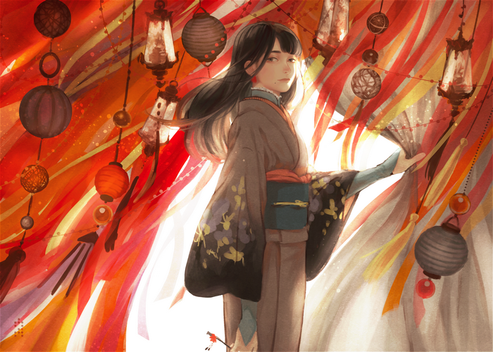 Girl in Kimono Holding a Fan with Lanterns