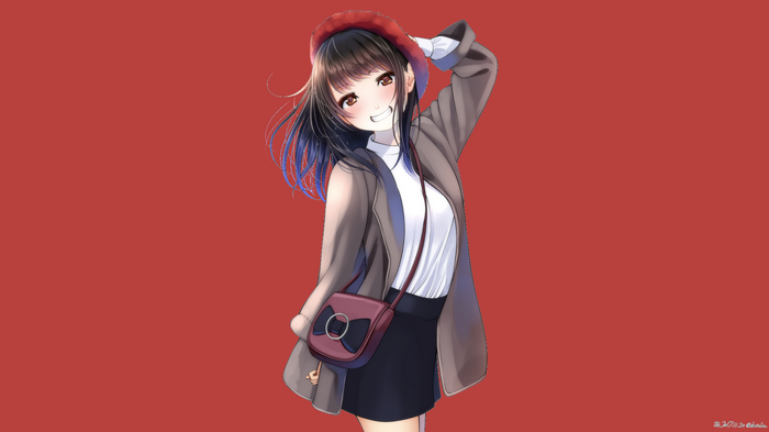 Anime girl with brown eyes and brunette hair wearing a beret