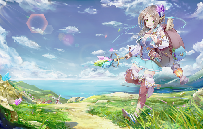 Girl with backpack and staff in a landscape
