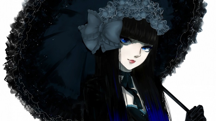 Gothic Lolita girl with blue eyes holding an umbrella