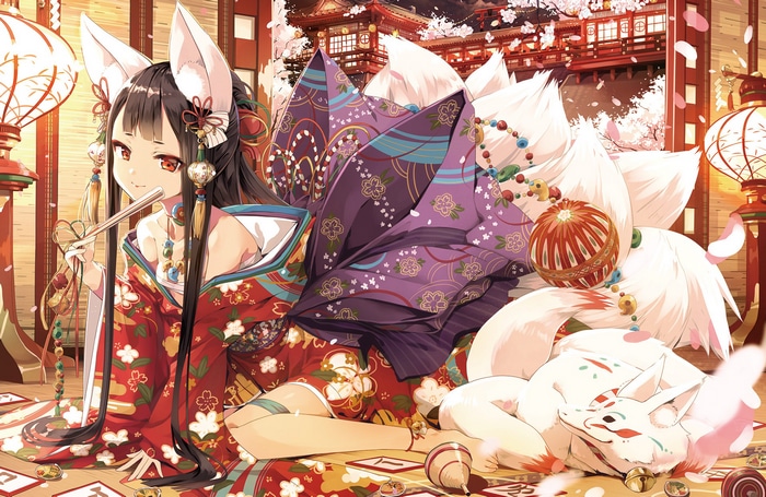 Fox girl in kimono with multiple tails and a fox companion