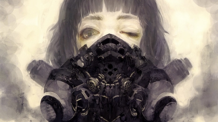 Woman wearing a gas mask, artwork by Sugimoto Gang