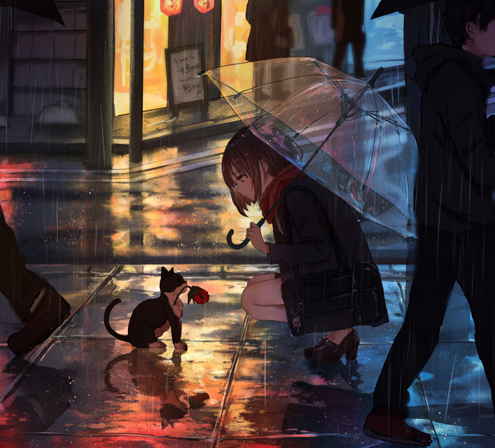 Girl with cat and rose in the rain