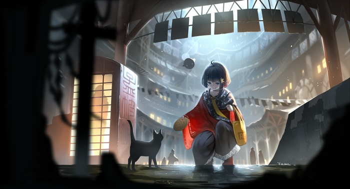 Anime girl feeding a black cat in a Japanese market