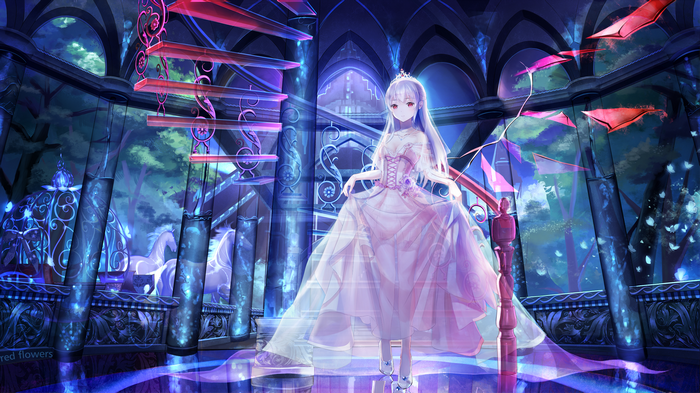 Girl in a white dress with red eyes and tiara