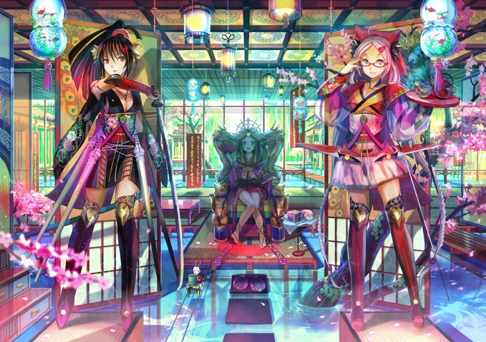 Anime girls in Japanese clothes with katanas