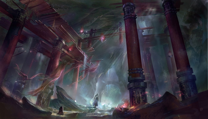 Fantasy cave with ancient structures and figures