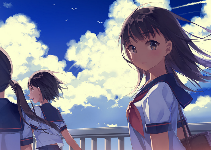 Three girls in sailor uniforms under a cloudy sky