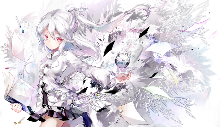 Rooseputo with white hair and red eyes holding a book