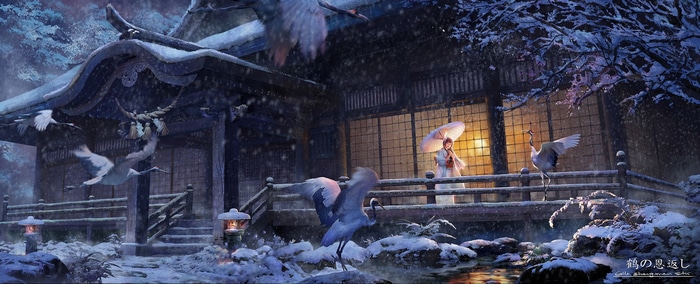Lost Elle in a snowy Japanese shrine with cranes