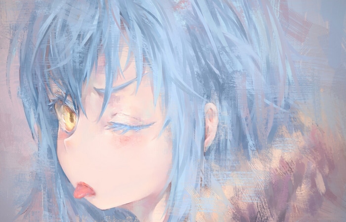 Rimuru Tempest with blue hair and yellow eyes