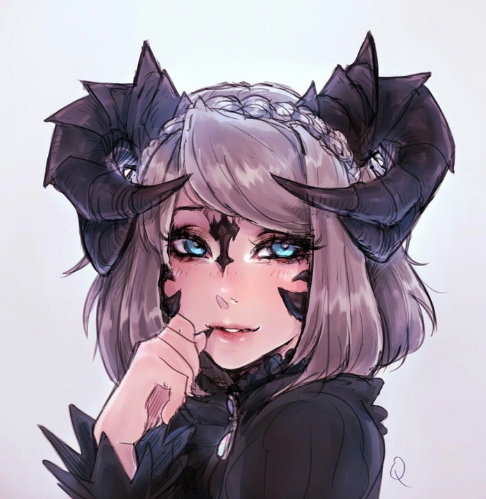 Anime girl with horns and blue eyes
