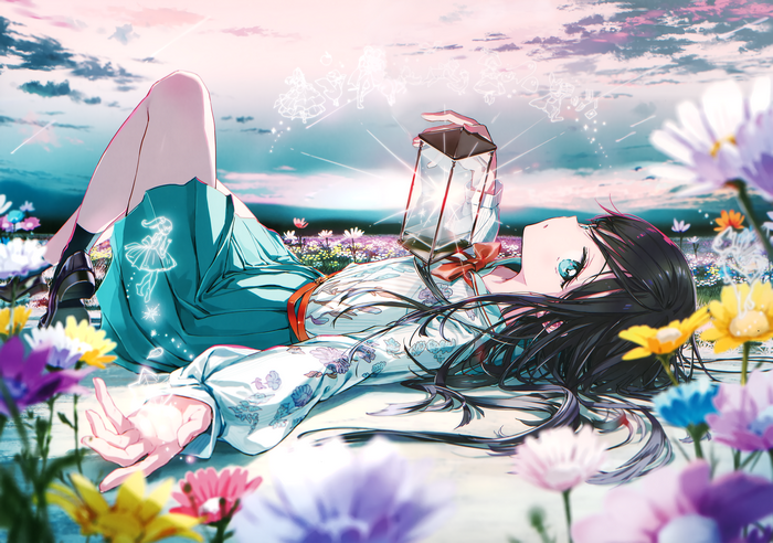 4K Girl Lying on Back in Flower Field Holding Lantern