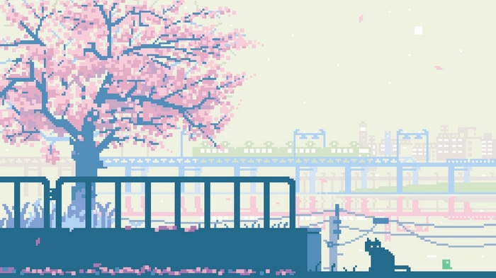 Pixel art of a cat under a cherry blossom tree with a city skyline