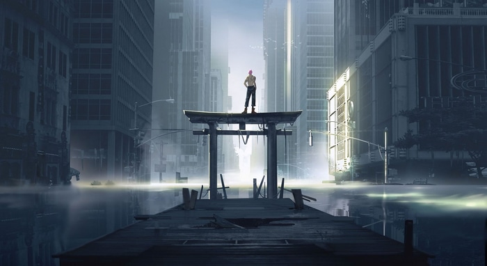 Sukuna stands on a torii gate in a flooded anime city