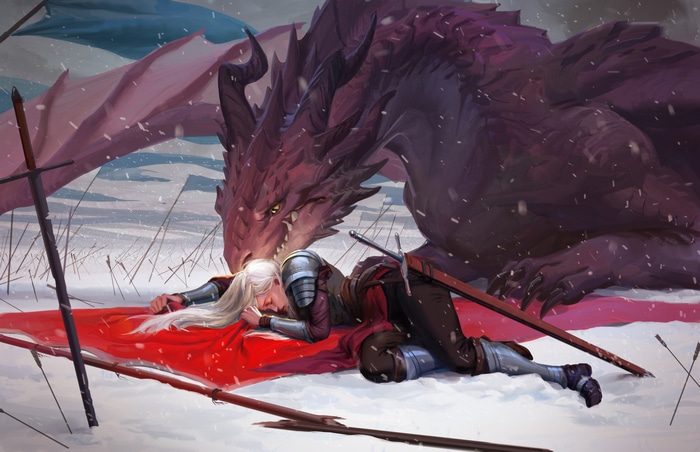 Dragon and fallen warrior in snow