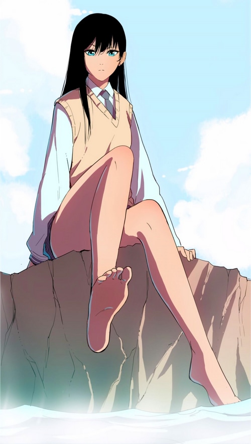 Girl in school uniform sitting on rocks near water