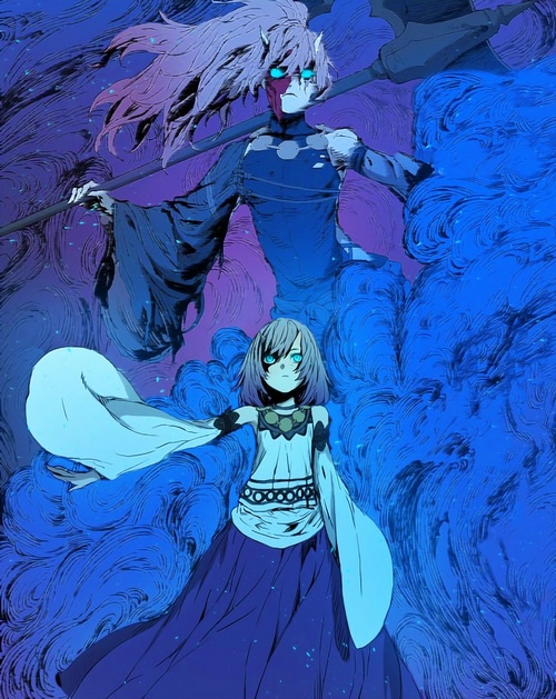 Two figures with blue eyes and flowing hair