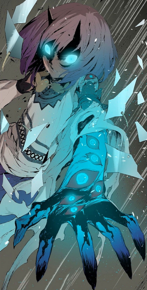 Sword SheathsChild with glowing blue eyes and demonic arm