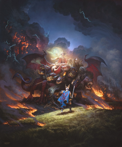 Knight battles a multi-headed dragon amidst fire and lightning