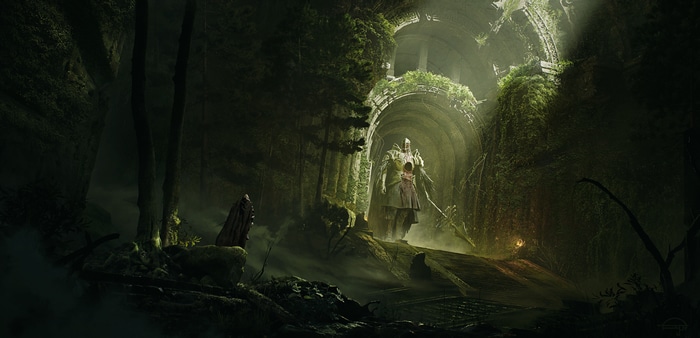 The Green Knight and a girl in ancient ruins