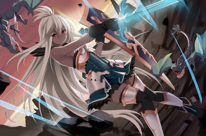 Zooey fighting dragons in Granblue Fantasy