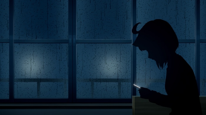 Anime girl looking at phone by rainy window silhouette