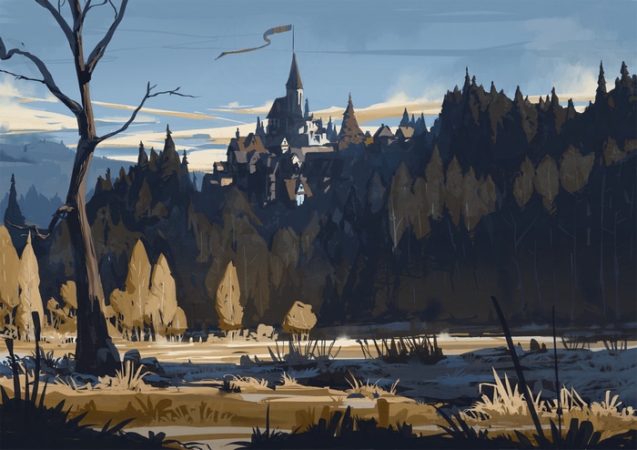 Castle on a hill surrounded by a forest