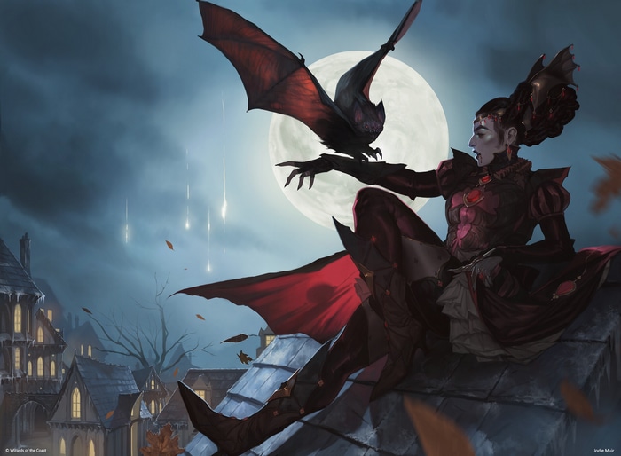 Vampire with Bat on Rooftops Under the Moon