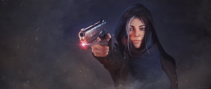 Woman in a hood aiming a handgun