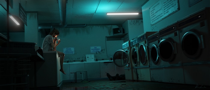 4K ArtStation image of a woman smoking in a laundromat