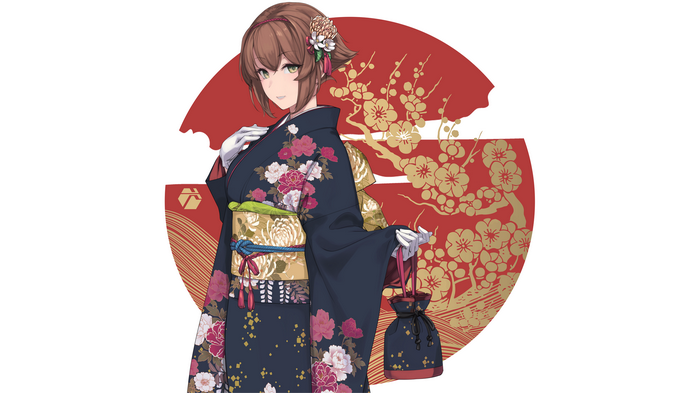Anime girl in a dark blue kimono with floral patterns