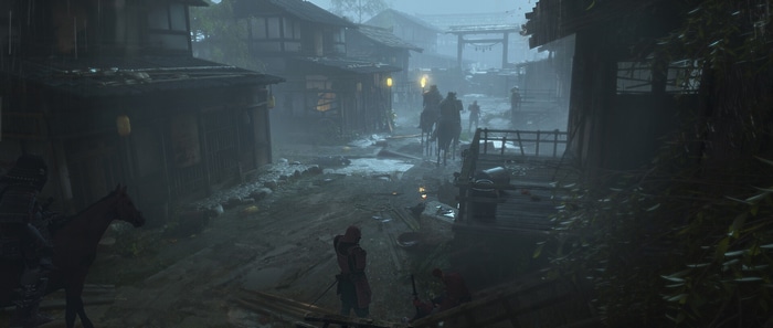 Samurai on horseback in a rainy Japanese village