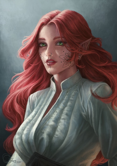 Fantasy Elf Woman with Red Hair and Tattoos