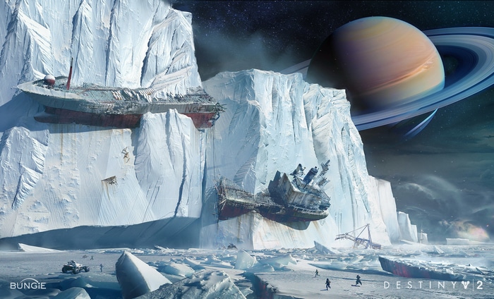 Destiny 2 art of crashed ships on an icy planet with Saturn in the background