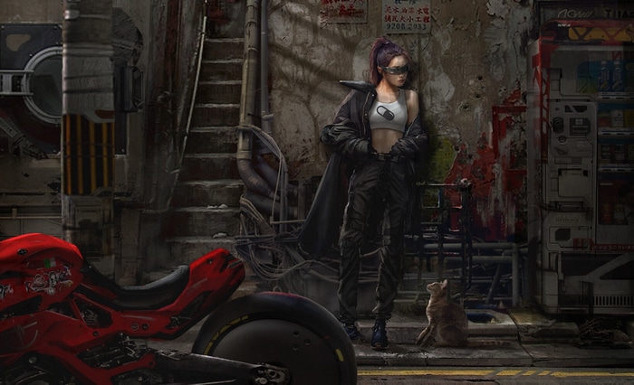 Cyberpunk woman with motorcycle and cat in alley