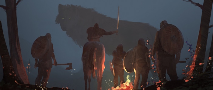 Warriors and a giant wolf by a campfire
