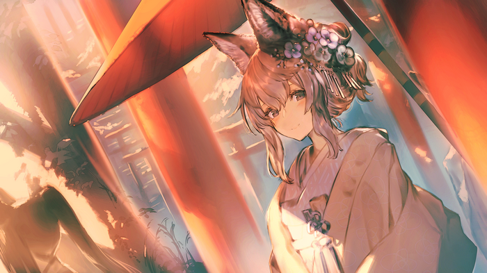 Anime fox girl in Japanese clothes with flower ornaments