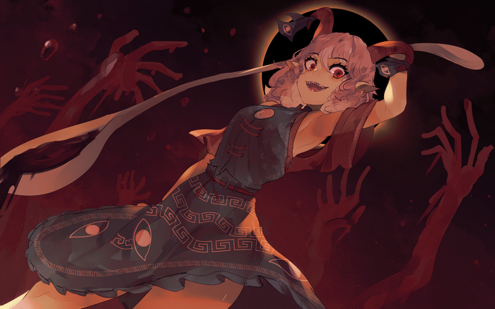 Anime girl with horns and red eyes in a dark setting